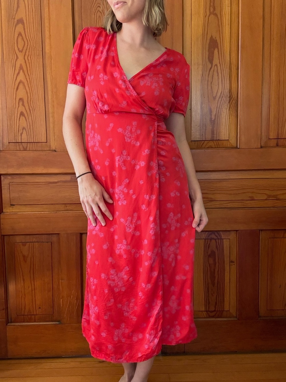 Billabong Red Floral Wrap Midi Dress